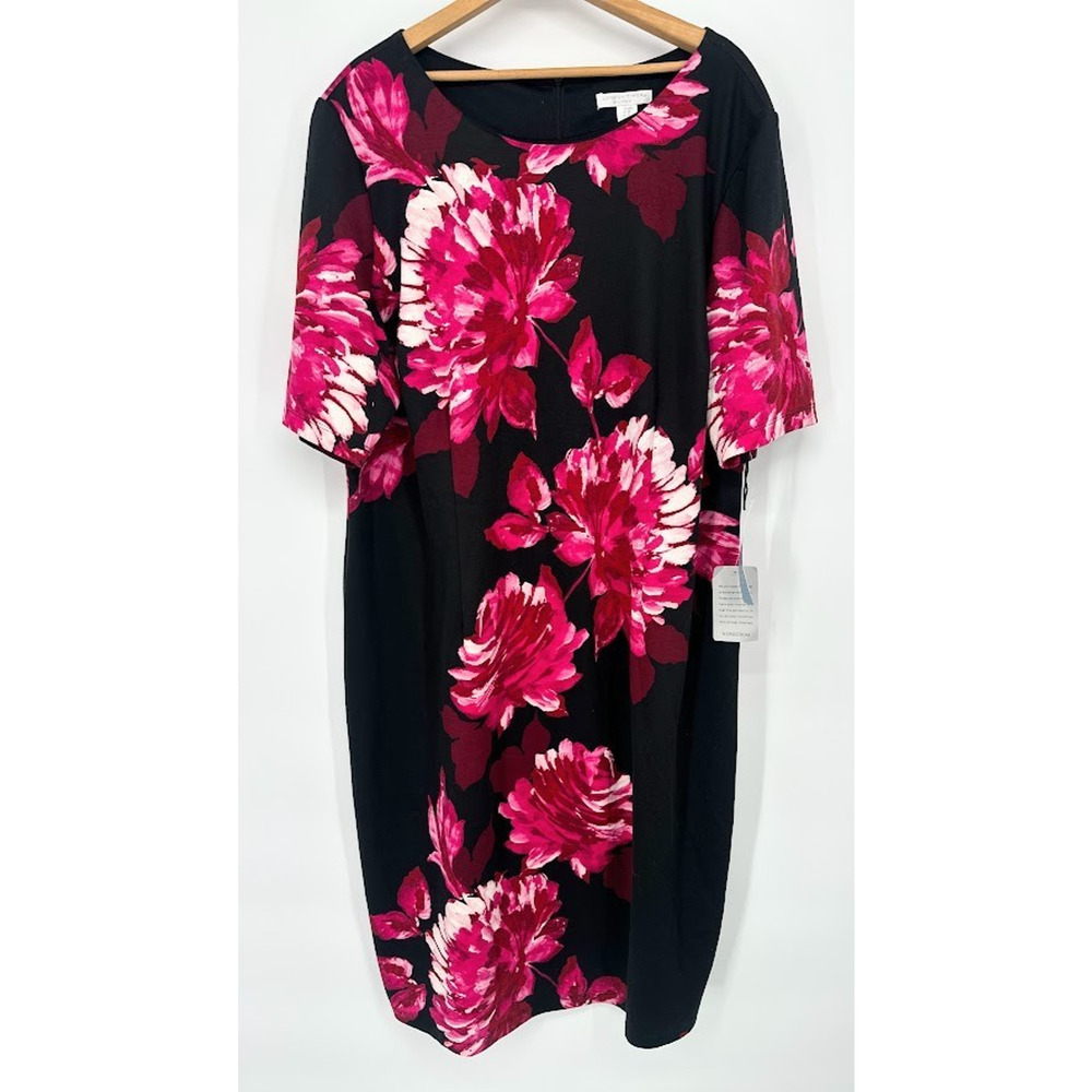 LONDON TIMES Plus Size 22W Sheath Dress Black Pink Floral Office Career Tropical